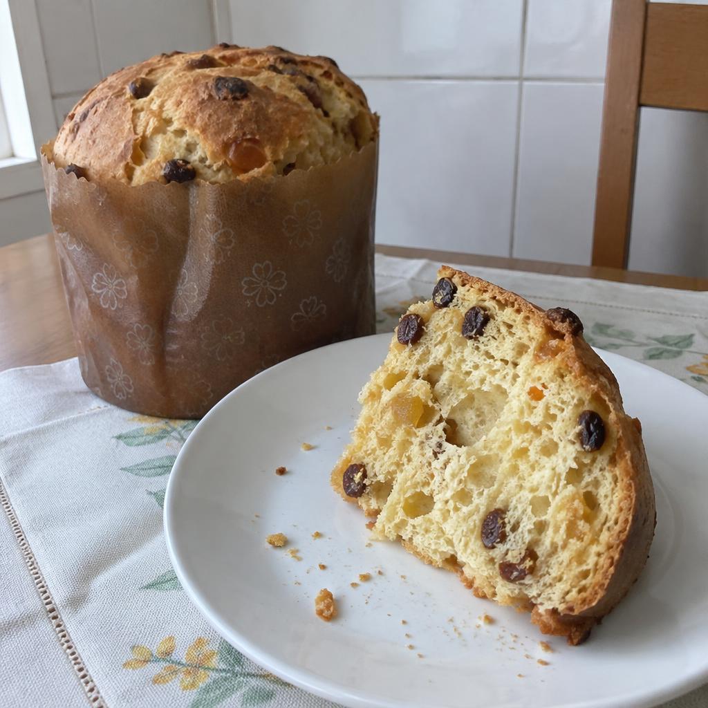 Panetone tradicional cortado com miolo aerado, uvas-passas e frutas cristalizadas
