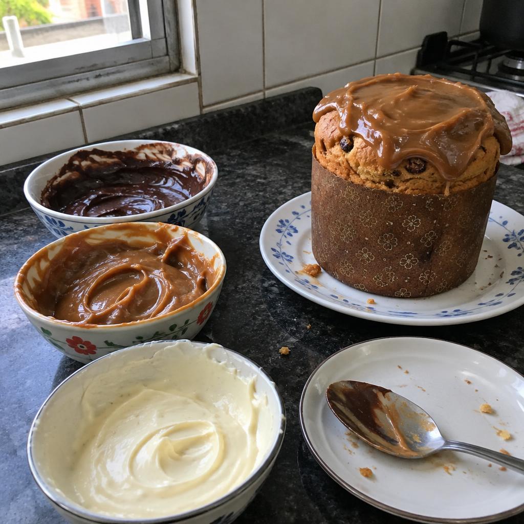 Ganache, doce de leite e creme, com cobertura de caramelo sendo aplicada sobre um panetone
