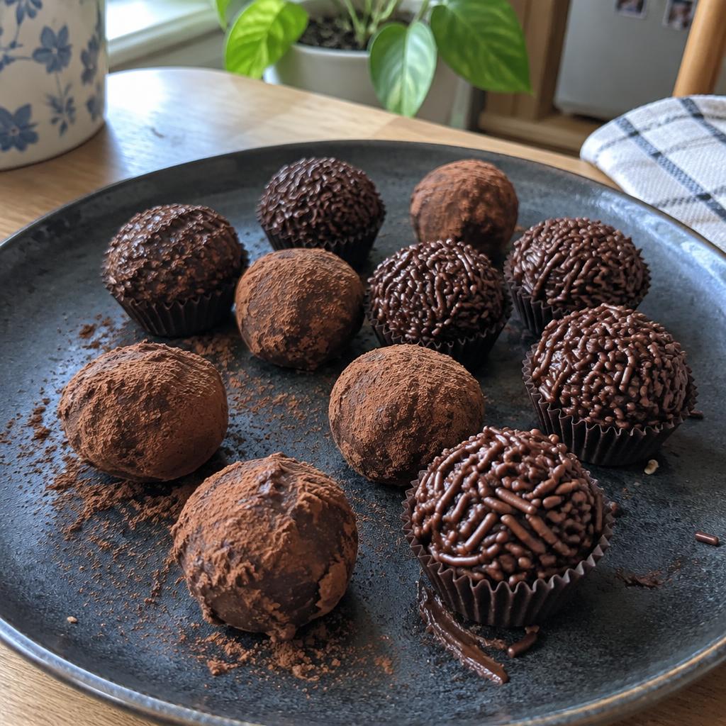 Trufas e doces finos de confeitaria em prato escuro