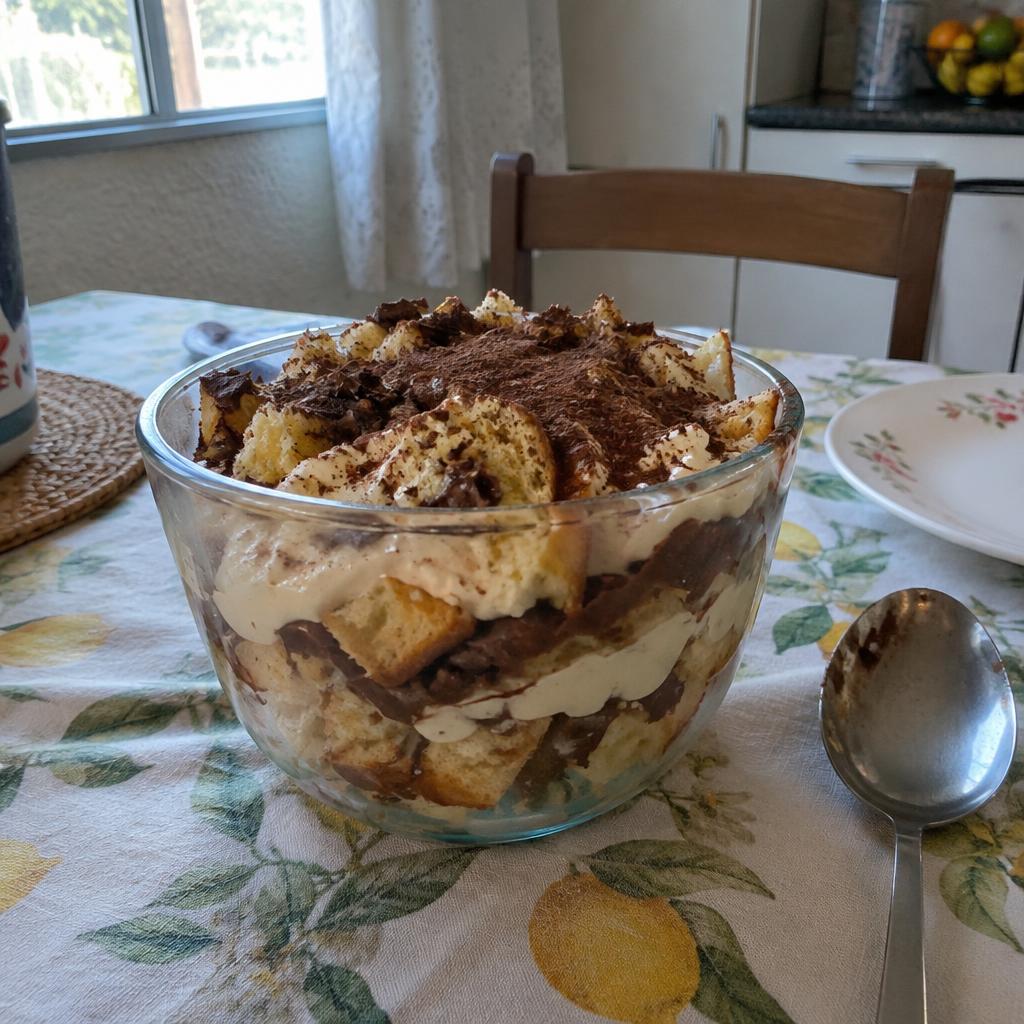 Sobremesa em camadas com panetone, creme e chocolate