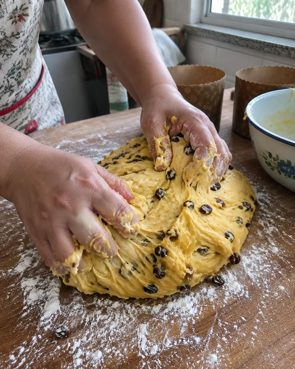 Mãos sovando massa de panetone em bancada de madeira, com formas e frutas cristalizadas ao lado