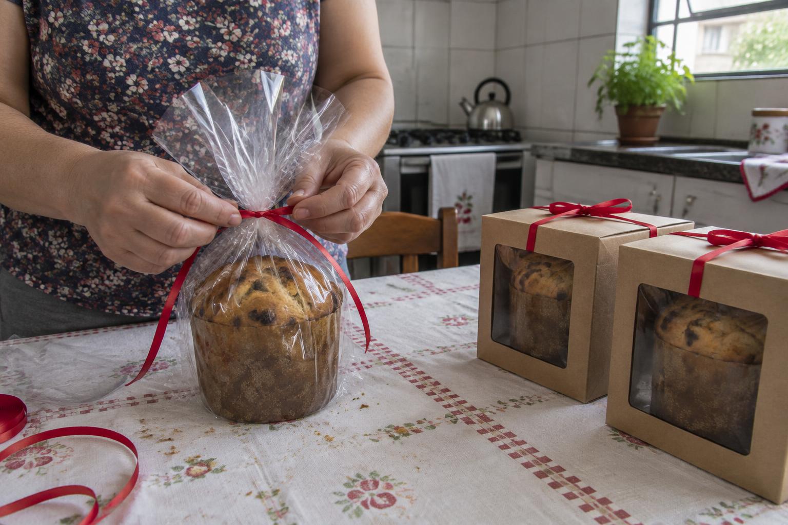 Mãos embalando panetones artesanais para presentes artesanais